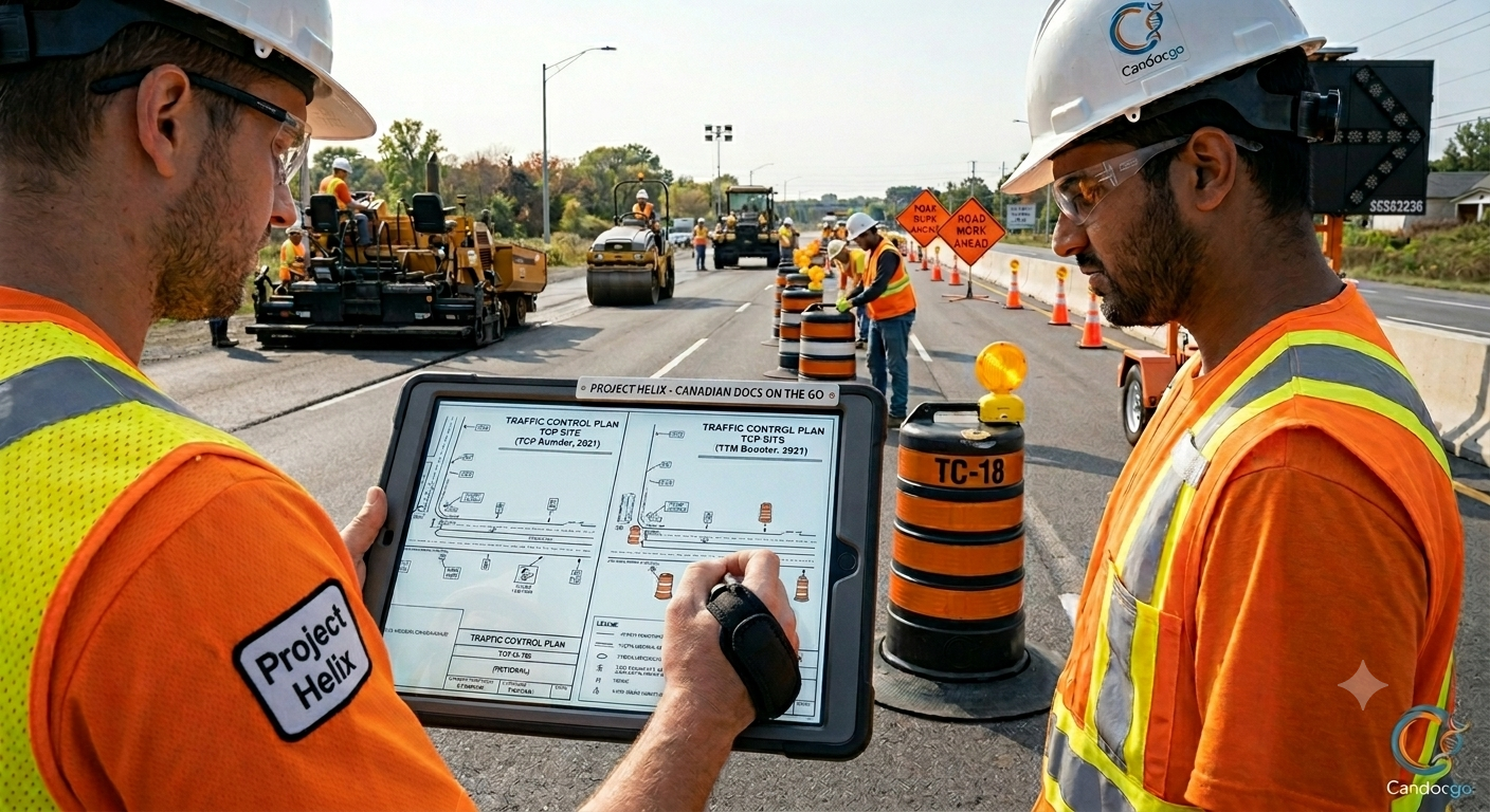 Project Helix workflow — chain capture on map, Book 7 work description, and compliant traffic control result
